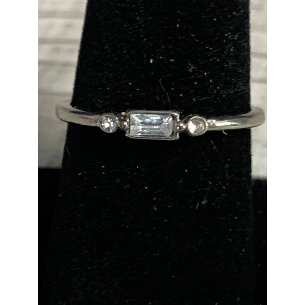 Silver Tone Baguette Cut Clear Stone Dainty Minimalist Stacking Ring Size 8.75